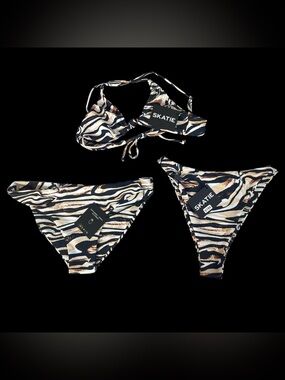 SKATIE Bikini Set XS Marble Zebra Print Halter Top + 2 Bottoms NWT